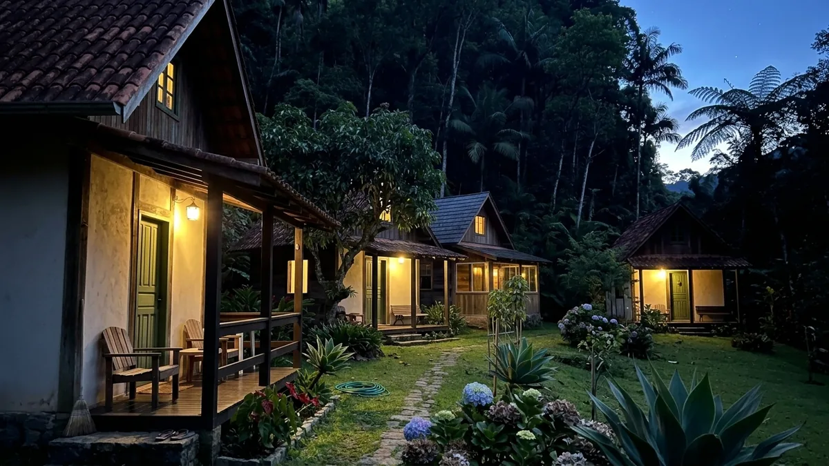 Quatro chalés de madeira lado a lado ao anoitecer, com as luzes das varandas acesas